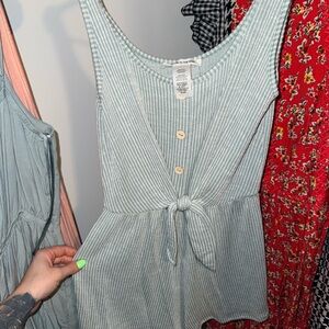 Striped Tie-Front Tank Romper in Light Sage
